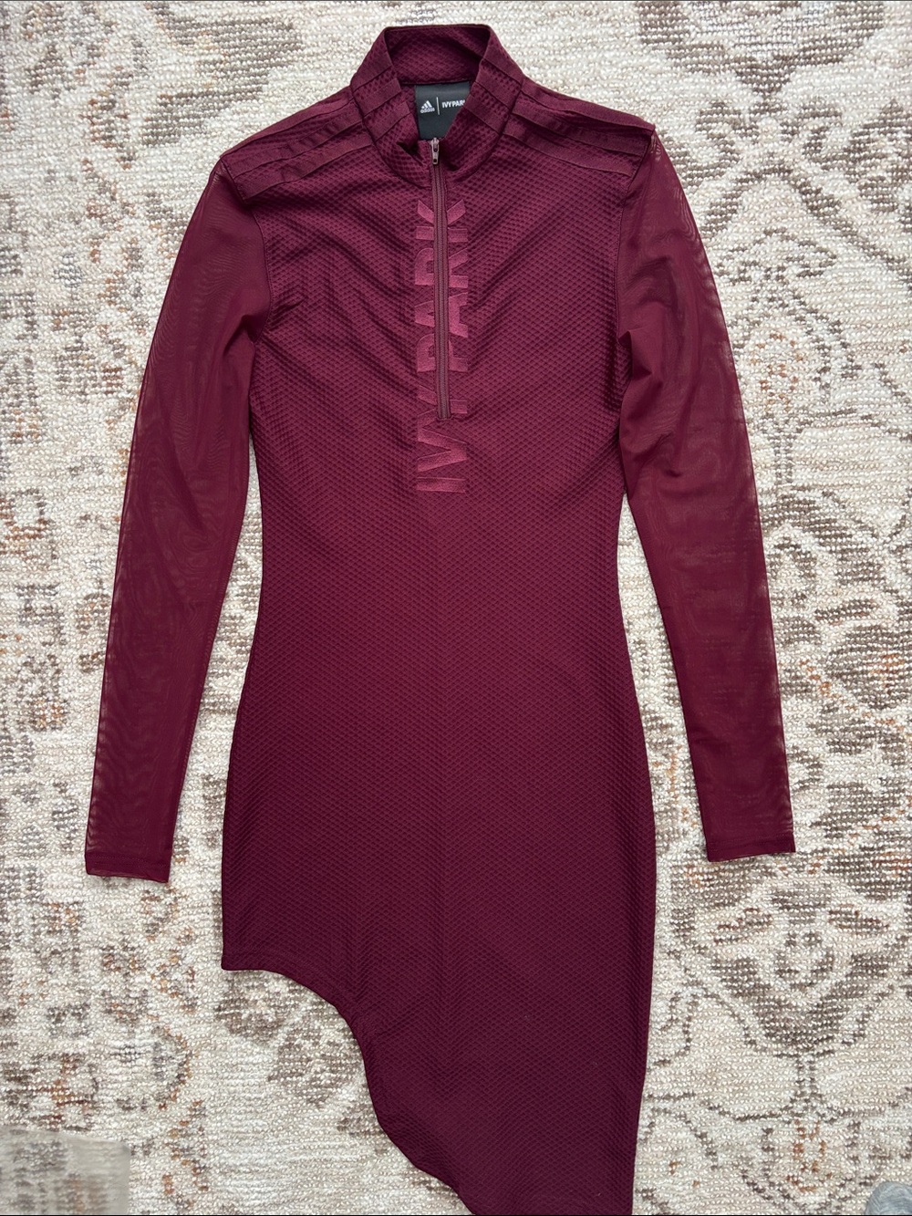 adidas Ivy Park Burgundy Long-Sleeve Asymmetrical Mesh Dress - Size XS
